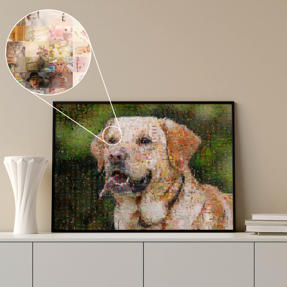Ritratto di cane in mosaico fotografico con cornice nera su una credenza e ingrandimento delle singole foto
