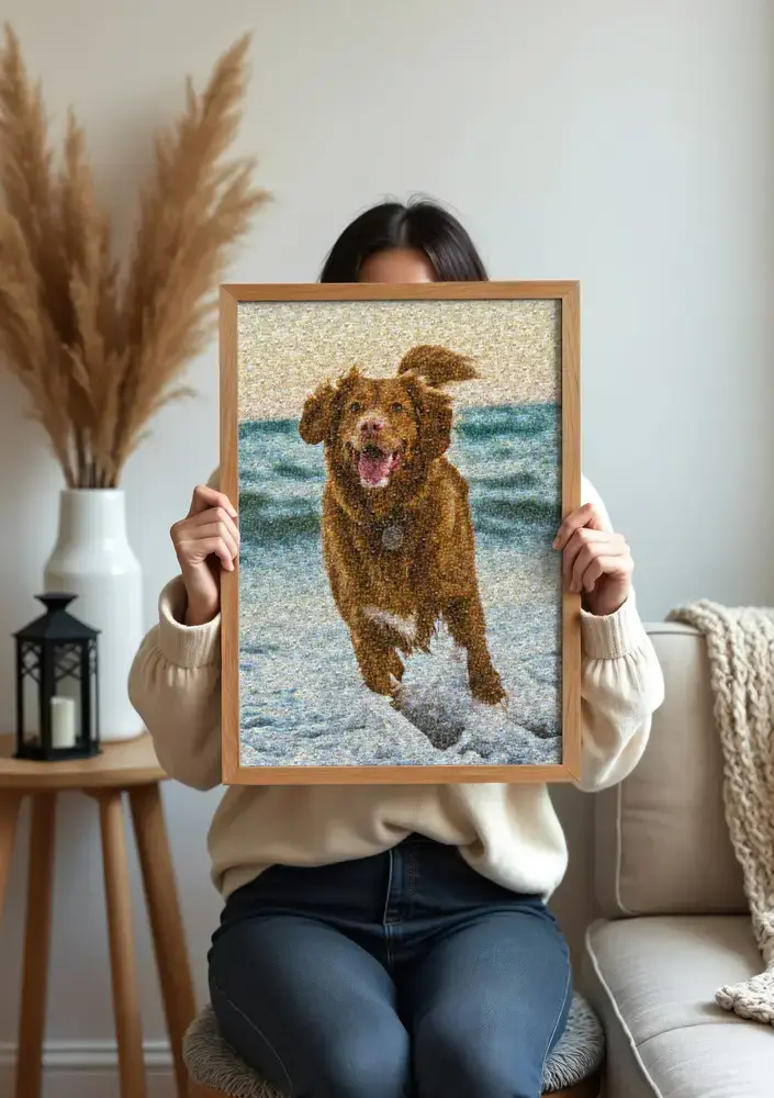 Mosaico fotografico di un cane marrone al mare, con cornice in legno naturale, davanti al divano in salotto